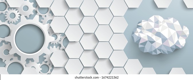 Hexagon structure with gears and cloud on the gray background. Eps 10 vector file.