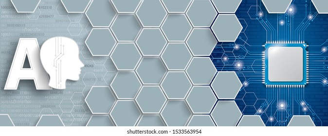 Hexagon structure with human head microchip on the gray and blue background. Eps 10 vector file.