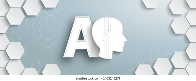 Hexagon structure with human head and text AI on the gray background. Eps 10 vector file.