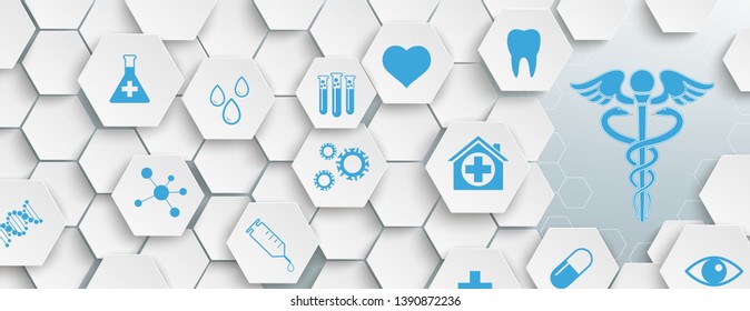 Hexagon structure with medical icons on the gray background. Eps 10 vector file.