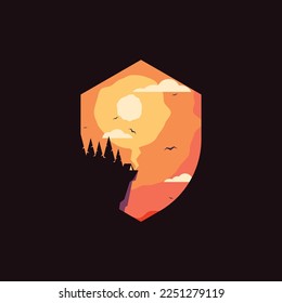 Hexagon with sun, forest and moon. Vector illustration.