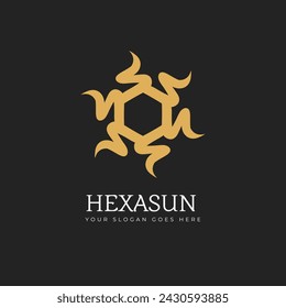 Hexagon sun summer logo design. Energy technology corporate template. Stock vector illustration isolated on dark background.