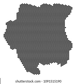 Hexagon Suriname map. Vector territory plan on a white background. Abstract Suriname map composition is designed of hex tile dots.