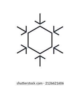 Hexagon surrounded by arrows. Comprehensive pressure. Vector linear icon isolated on white background.