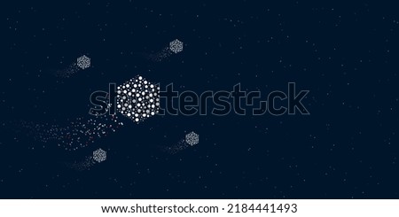 A hexagon symbol filled with dots flies through the stars leaving a trail behind. Four small symbols around. Empty space for text on the right. Vector illustration on dark blue background with stars