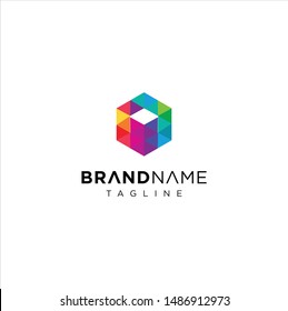 Hexagon Tech Logo Polygonal colorful Shape Vector. Abstract Pixel Hexagon Logo Colorfull Design illustration. Box cube Digital Logo Pixel Triangle Geometric Multicolor