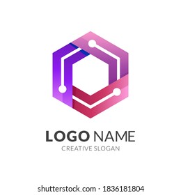 hexagon tech logo, hexagon and  technology combination logo with 3d colorful style