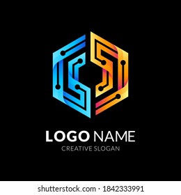 hexagon tech logo, hexagon and technology, combination logo with 3d blue and orange color style