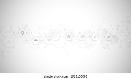 Hexagon technology background with flat icons and symbols. Concept and idea for internet of things, communication, network, innovation technology, system integration. Vector illustration