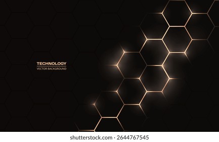 Tecnología hexagonal de fondo abstracto de nido de abeja de color negro y dorado. Ilustración vectorial