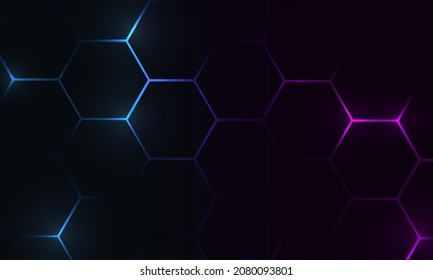 Hexagon technology futuristic dark vector abstract background with blue and pink colored bright flashesunder hexagon. Hexagonal gaming honeycomb abstract background.