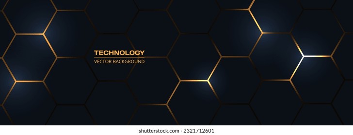 Tecnología de hexágono de fondo abstracto negro y amarillo amplio. Ilustración del vector