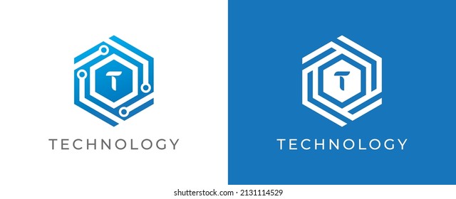 Símbolo del icono del logotipo de la tecnología de hexágono con la letra T. Plantilla de logotipo del vector