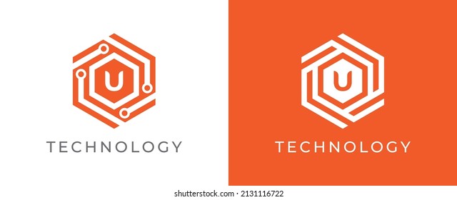 Símbolo del icono del logotipo de la tecnología de hexágono con la letra U. Plantilla de logotipo del vector