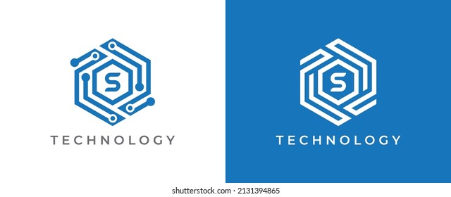 Símbolo del icono del logotipo de la tecnología Hexagon con la letra S. Plantilla de logotipo del vector