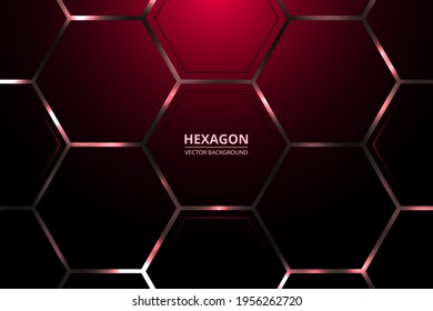 Hexagon technology vector background. Bright energy flashes under the burgundy hexagon in a dark modern futuristic illustration. Dark honeycomb texture.