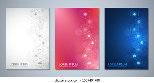 Hexagon Template brochure or cover book, page layout, flyer design. Concept and idea for health care business, innovation medicine, pharmacy, technology. Medical background with flat icons and symbols.