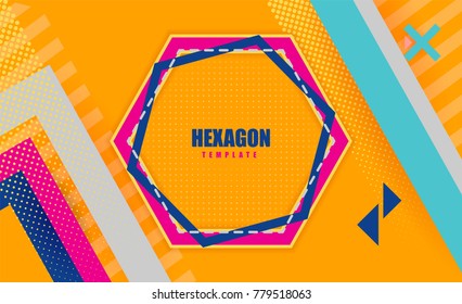 Hexagon template  or polygon background. Hi tech digital technology. Vector abstract background texture design, bright poster, banner yellow background, pink and blue stripes and shapes.