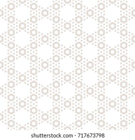 Hexagon texture, vector seamless pattern in soft pastel colors, beige & white. Perforated surface, hexagonal grid. Subtle abstract repeat background. Elegant design for decor, prints, fabric, covers