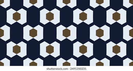 Hexagon tile shapes seamless pattern classic blue white background geometric motif. Modern geometrical grunge texture fabric design textile swatch ladies dress, men's shirt, scarf all over print block
