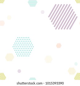 hexagon tiles with dot and stripe elements. seamless pattern and pastel color concept. vector illustration.