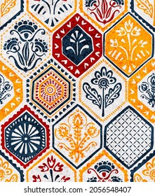 Hexagon tiles seamless pattern. Grunge texture. Ethnic and tribal motifs. Handmade. Patchwork print. Vector illustration.