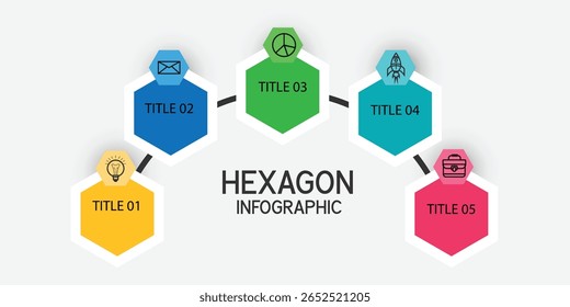 Plantilla de infografía de la línea de tiempo del hexágono 5 pasos