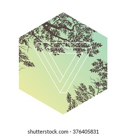 Hexagon with trees and branches silhouettes. Hand drawn detailed vector illustration.