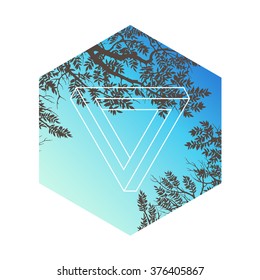 Hexagon with trees and branches silhouettes. Hand drawn detailed vector illustration.
