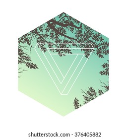 Hexagon with trees and branches silhouettes. Hand drawn detailed vector illustration.