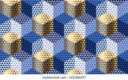 Hexagon and triangle orient style seamless pattern for winter holiday design projects. Gold and blue repeatable motif for wrapping paper, fabric, background
