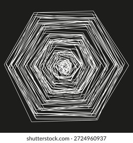 Esboço do túnel do hexágono. Arte em profundidade em modelo de arame. Arranhão abstrato Vetor. Forma geométrica em espiral. EPS 10.