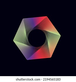 Hexagon of twisted lines. Abstract wireframe geometric element with colorful gradient. Technology design. Moving from a circle to a hexagon.