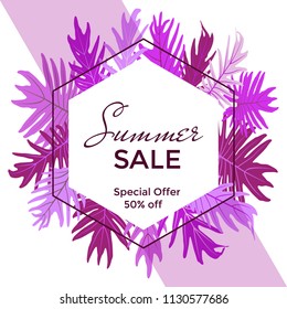 Hexagon vector frame with jungle leaves background and Summer Sale 50 percent off special offer. Discount label, marketing banner with calligraphy, violet purple tropical leaves, ultra violet band.