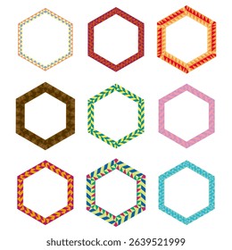 Hexagon vector icon. Patterned frame symbol. Colorful border design. Minimalist white background.