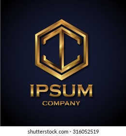 Hexagon vector logo design template. gold impossible font ,symbol, alphabet,Letter I