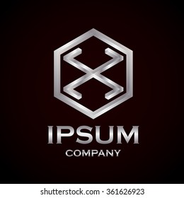 Hexagon vector logo design template. silver impossible font ,symbol, alphabet,Letter X