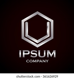 Hexagon vector logo design template. silver impossible font ,symbol, alphabet,Letter U