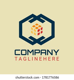 Hexagon vector logo for real estate and business with a mirror image of two hexagons and a 3D style window in the center.