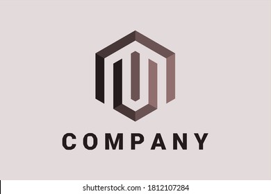 Hexagon vector logo for real estate and building construction business with line and arrow elements forming a house and shield illustration. Hexagon vector logo initial "M" or "UM" or "MU"