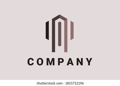Hexagon-Vektorlogo für Immobilienberater und allgemeine Geschäftswelt mit Linien- und Pfeilelementen, die ein Haus und eine Schild-Illustration bilden.