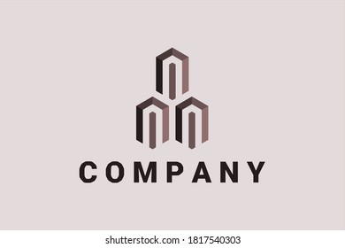 Hexagon vector logo for real estate consulting and general business with line and arrow elements forming a house and skyscrapers illustration.