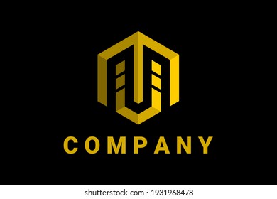Logotipo vectorial de hexágono para bienes raíces, construcción de edificios y negocios generales con rascacielos o caseros y protege la ilustración en color dorado formando el fondo oscuro inicial "M" o "MV" o "MU".