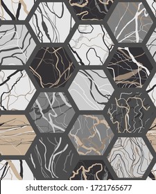 Hexagon vector  marble seamless pattern. Stone geometric decorative mosaic