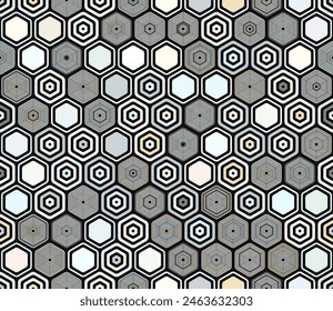 Hexagon vector pattern. Geometric elements of varied style and color. Hexagonal shapes. Tileable pattern. Seamless background. Stylish vector illustration.