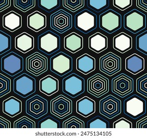 Hexagon vector pattern. Geometric shapes of varied style and color. Large honeycomb cells. Tileable pattern. Seamless background. Nice vector illustration.