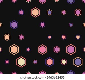 Hexagon vector pattern. Multicolored geometric elements of varied size. Hexagon bold mosaic cell with padding and inner solid cells. Large honeycomb cells. Tileable pattern.