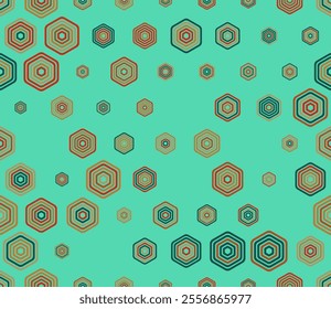 Hexagon vector pattern. Multicolored geometric elements of varied size. Bold rounded stacked hexagons mosaic pattern. Hexagonal cells. Tileable design. Seamless vector illustration.