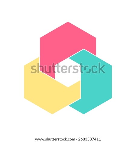 Hexagon Venn diagram with three overlapping shapes. Modern infographic chart isolated on white background for business, education, and data analysis.