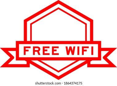 Hexagon vintage label banner in red color with word free wifi on white background